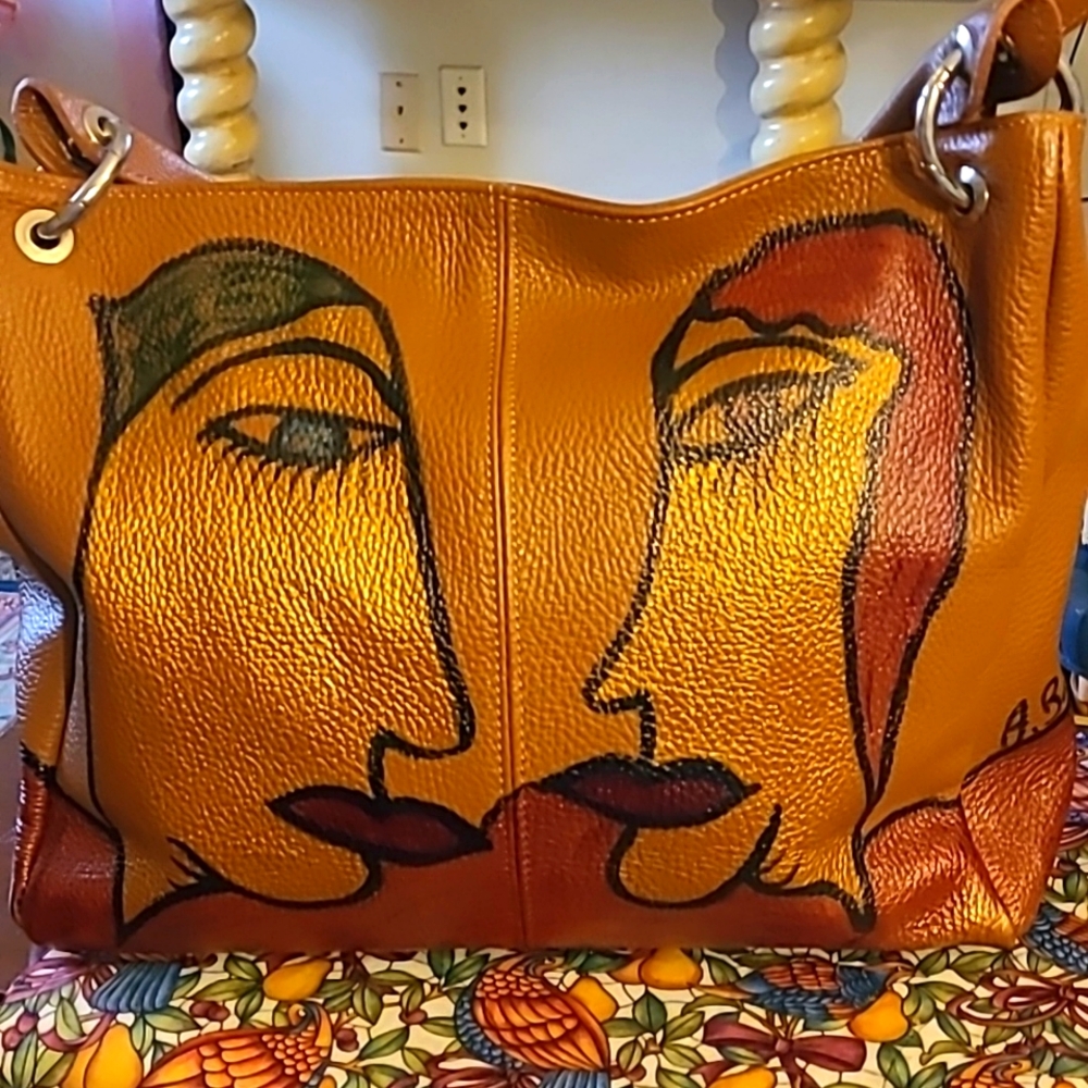 Adriana Bottary Signed Leather Purse Folk Art Faces Crossbody Beautiful